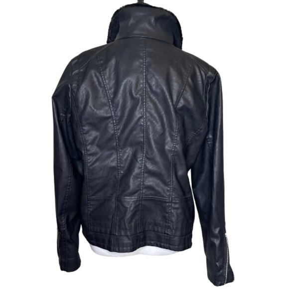 Baccini Women's Faux Leather Aviator Jacket Black Fur Collar Full Zip Size Large - Picture 4 of 11